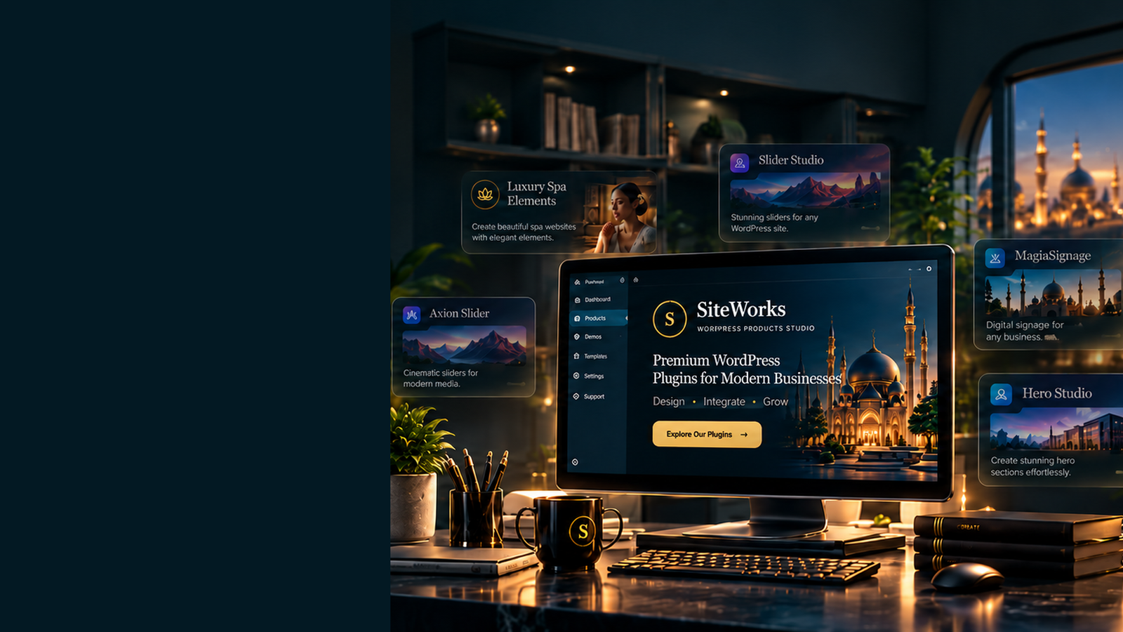 SiteWorks product ecosystem featuring Luxury Spa Elements and upcoming WordPress products